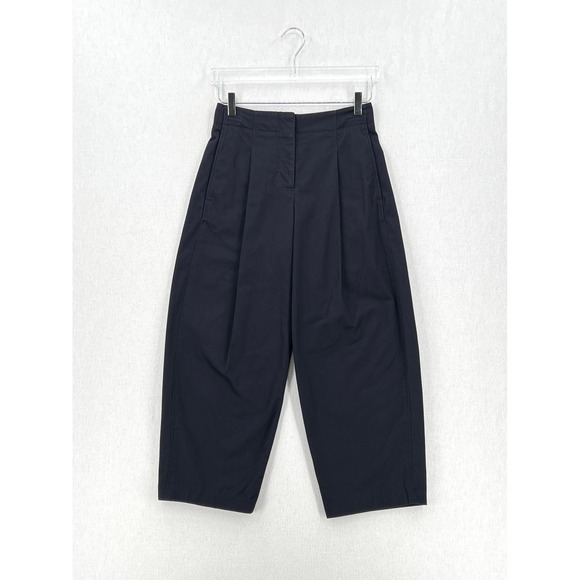 COS Pleated Barrel Leg Chino Pant Women 2 Navy Blue High Rise Crop Ankle Balloon - Picture 3 of 14